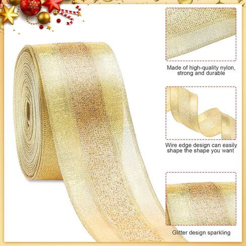 Waydress Christmas Gold Wired Ribbon 2.5 Inch Striped Glitter Wrapping Ribbon Tree Ribbon DIY Wired Edge Ribbon for Home Yard Wrapping DIY Craft Wreath Decor(Shining Gold, 30 Yards) in Kuwait