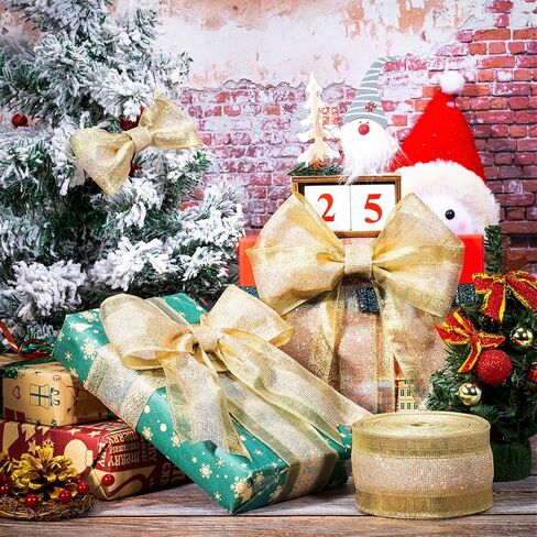 Waydress Christmas Gold Wired Ribbon 2.5 Inch Striped Glitter Wrapping Ribbon Tree Ribbon DIY Wired Edge Ribbon for Home Yard Wrapping DIY Craft Wreath Decor(Shining Gold, 30 Yards) in Kuwait
