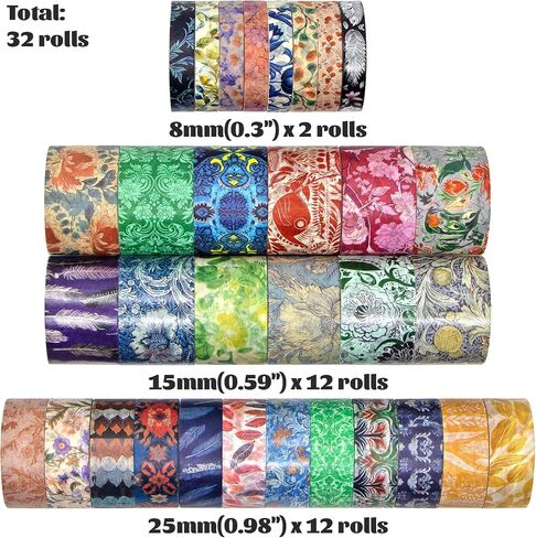Floral Washi Tape Set 32 Rolls, 3 Sizes Colored Washi Masking Tape, Art Craft Tape for Scrapbook Supplies, Journal Set, School Supplies in Saudi Arabia