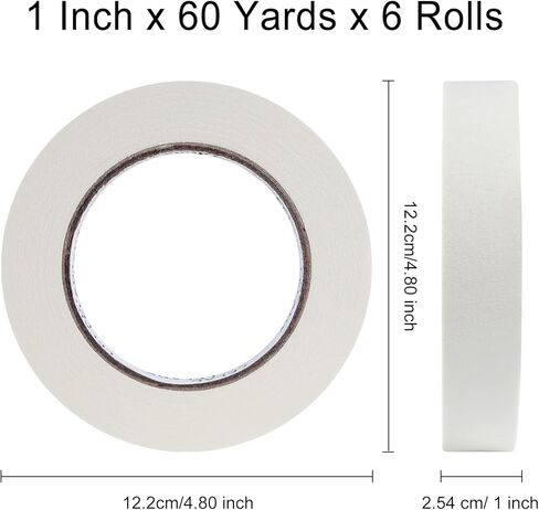Masking Tape - 1 Inch x 60 Yards, 6 Rolls, White, Artist, No Residue, Craft, High Adhesive, Decorative, DIY, Arts, Labeling, Handmade in Kuwait