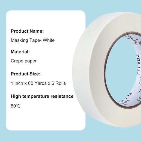 Masking Tape - 1 Inch x 60 Yards, 6 Rolls, White, Artist, No Residue, Craft, High Adhesive, Decorative, DIY, Arts, Labeling, Handmade in Kuwait