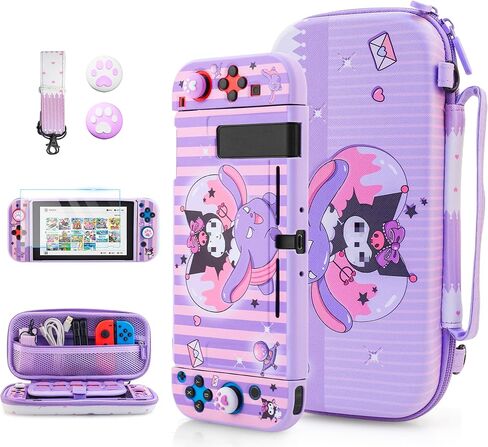 موضوع أساسي لحقيبة حمل Kuromi لجهاز Switch OLED، مجموعة ملحقات أرجوانية مقاومة للصدمات مع غطاء لطيف للسفر OLED، غلاف حماية صلب من البولي كربونات، واقي شاشة، حزام كتف وغطاءين للإبهام in Kuwait