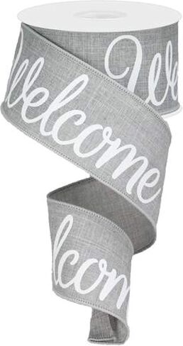 Welcome Script Wired Edge Ribbon, Light Grey White - 2.5 Inches x 10 Yards in Saudi Arabia