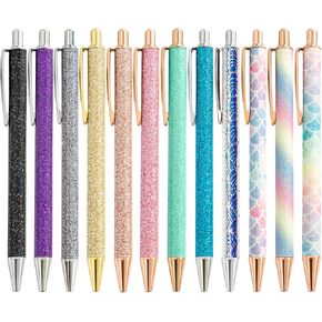 Fun Sparkle Fancy Ballpoint Pen for Women, Cute Sparkly Click Metal Pens, Retractable Multicolor Pen For Journaling & School, Black Ink, 12 Count(Mixed Color)
