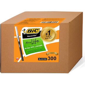 BIC Round Stic Xtra Life Bulk Pens Ballpoint - Pack of 300 Black Ink Pens - Medium point 1.0 mm