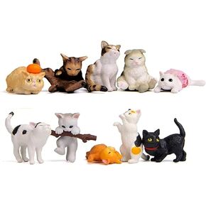Neko 10 pcs Cute Miniature Kawaii Cats - Mini Figure Kitten Playset, Cake Topper, Plant Decorations