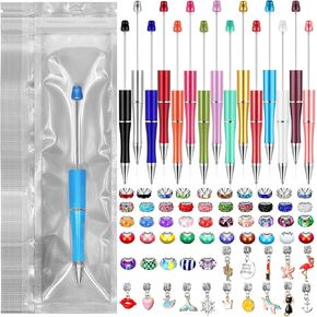 Crtiin 15 Pcs Beadable Pens Assorted Bead Pens DIY Ballpoint Beaded Pens with 60 Charm Beads Pendants Beads Spacer Bead 15 Pen Packaging Bags for Gift Business Office(Heart)
