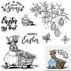 Hying Happy Easter Bunny Eggs Clear Stamps for Card Making, Cute Rabbits Stamps Easter Words Banner Rubber Stamps Transparent Seal for DIY Scrapbooking Photo Album Decorations Supplies