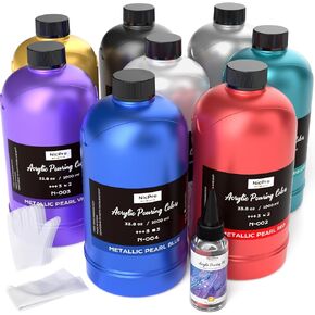 Nicpro 8 Colors 33.8 oz Large Bulk Metallic Acrylic Pouring Paint Supplies Kit, Premixed High Flow Art Pour Paint with Silicone Pour Oil, Gloves, Tablecloths for Beginner DIY, Ready to Pour