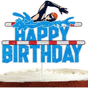Swim Cake Topper for Boys Men Happy Birthday Summer Pool Party Decorations Swimmer Party Supplies Glitter Swimming Birthday Cake Decorations
