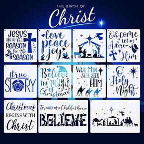 11pcs Christmas Nativity Scene Stencils, Reusable Jesus Stencil, Oh Holy Night, Wish Men Still Seek Hime DIY Drawing Template for Painting On Wood Canvas Fabric Wall Home Decor Supplies