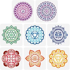 FINGERINSPIRE 8PCS Chakra Symbol Stencil 5.9x5.9 inch Plastic PET Mandala Flower Stencil Reusable Yoga Meditation Floral Craft Stencil Template for DIY Scrapbook, Tiles, Fabric, Photo Album