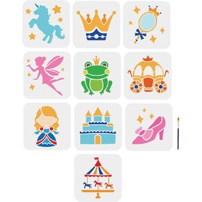 MAYJOYDIY 10pcs Princess Fairy Stencil Crown Castle Crystal Shoes Frog Prince Carousel Painting Template 6×6inch with Paint Brush Fantasy Fairy Tale Stencils for DIY Crafts Home Decor