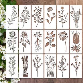 18Pcs Wildflower Stencils for Crafts Reusable Wild Flower Stencils Plasttic Flower Leaf Stencils DIY Floral Field Plants Drawing Template Stencil for Painting on Wood Wall Door Canvas Home Decor
