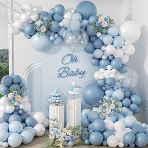 119pcs Dusty Blue Balloon Arch Garland Kit, Blue and White Balloon Arch Kit with Dusty Blue Pastel Blue White Clear Balloons for Bridal Shower Gender Reveal Birthday Baby Shower Party Decorations