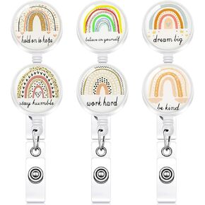 6 Pieces Rainbow Retractable Badge Reel Inspirational ID Name Badge Holders Rainbow Inspiring Badge Reel Motivational Decorative Badge Holder with Clip for Nurse Volunteer Student Teacher (White)