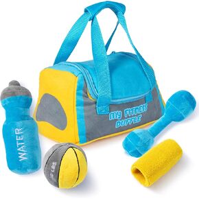 Talking Plush Baby Workout Toys | Baby Crossfit Toy | Plush Fitness Duffle Toy Set | 4 Talking Soft Plush Workout Gear | Medicine Ball, Dumbbells, Sweatband, & Water Bottle | Plush Duffle Bag Carrier