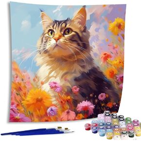 Diymood Paint by Numbers for Adults Cat, DIY Oil Painting Flower Acrylic Paint by Number Kits for Kids Adults Beginner for Home Wall Decor 20x20 inch