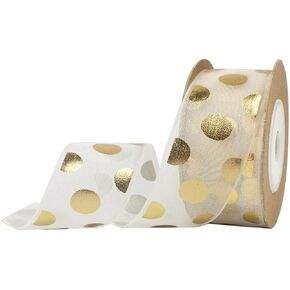 1 Inch Polka Dot Ribbon, Gold Dots Printed Organza Ribbons for Gift Wrapping Hair Bows Craft Sewing Invitation Floral Arrangement (22 Yards)