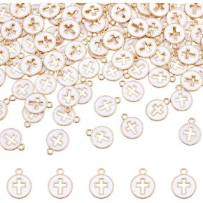 arricraft 100 Pcs Flat Round Enamel Cross Charms, Hollow White Cross Charms, Alloy Enamel Crucifix Charm Pendants for Easter Crafting Jewelry Making 0.59"x0.47"