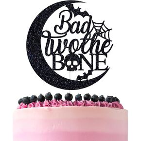 Black Glitter Bad Two the Bone Cake Topper, Two Cool/Happy 2nd Birthday, Rock Bone Skull Baby's 2nd Birthday Party Decor, Rock n Roll Music Theme 90s Birthday Party Decorations Supplies