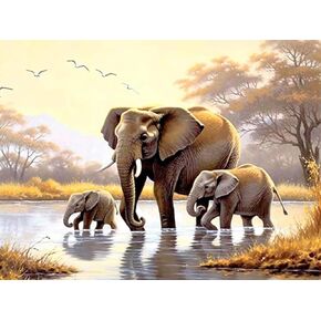 Cuorung 5D Diamond Art Painting Kits Elephant Family Round Full Drill, DIY Paint with Diamonds Art Forest Lake Crystal Rhinestone Cross Stitch for Home Office Wall Crafts Decorations 12×16 Inch
