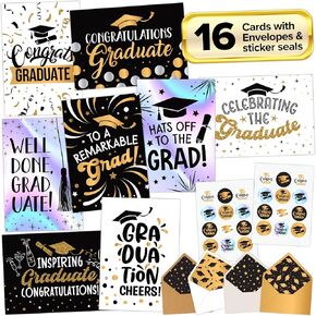 Decorably 16 Pack Foiled, Glittery, and Holographic 5x7in Graduation Cards with Envelopes and Stickers, 8 Elegant Designs Graduation Cards Pack with Printed Message Inside