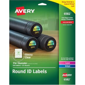 Avery Round ID Labels, Sure Feed, Permanent Adhesive, Glossy Clear, 1-5/8" Dia., 5 Packs (6582)