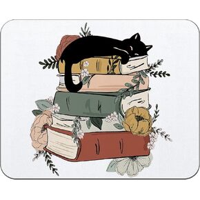 OFlich Black Cat Mouse Pad, Cat and Floral Book Square Mouse Pads for Desk, Gifts for Cat Lovers Book Lovers, Cat Desk Accessories, Cat Office Supplies, Cat Mom Gifts, Cat Lady Gifts, 9.5x7.9 Inch
