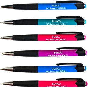 Bunco Pen Set - Set of 6 Assorted Colored Bunco Pens with "IT'S HOW WE ROLL" Printed in White on the Barrel. Great Bunco Supplies and/or Bunco Prizes and Bunco Party Favors.
