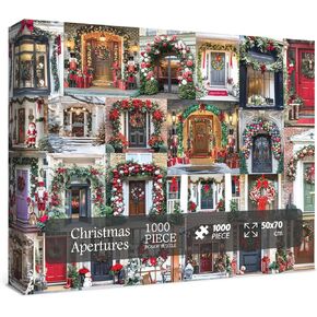Christmas Apertures Jigsaw Puzzle for Adults 1000 Piece Puzzles, Colorful Doors Windows Art Jigsaw Puzzles, Winter Holiday Collage Puzzles as Home Decor