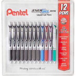 Pentel EnerGel RTX Retractable Liquid Gel Pen, 0.7mm Black/Blue/Red/Green/Violet Ink, 12 Pack (BL77O12C)