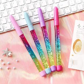 4 Pack Bling Rainbow Liquid Sand Gel Ink Pen Glitter Fairy Stick Ballpoint Pen Crystal Pens Rollerball Pens Student Pens for Kids Girls Gift Stationery School Office Supplies (Blue Ink)