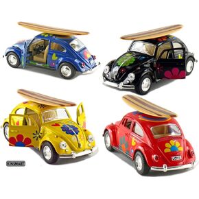 KiNSMART - 1967 Volkswagen Classic Beetle 5 Inch 1:32 Scale Die Cast Metal Model Happy Hippy Flower Power Set Of 4 w/ Surfboard