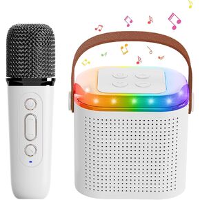 Karaoke Machine for Kids Adults, Portable Bluetooth Speaker with 2 Wireless Microphones, LED Lights, Kids Toys Birthday Gifts for Boys Girls Ages 4 5 6 7 8 9 10 12+ (White)