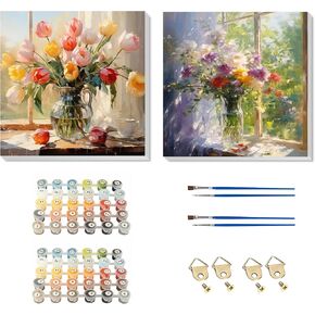 Yunruily 2 Pack Framed Paint by Number Adult-Flowers Paint by Numbers Kits for Adults Beginner,Flowers Adult Paint by Number Kits on Canvas for Home Wall Decor(12x12inch)