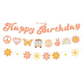 Pre-Strung Groovy Party Decorations, NO DIY Boho Happy Birthday Banner Hippie Daisy Flower Party Banners, Two Groovy Retro Party Supplies