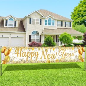 Happy New Year Banner Decorations 2025 Gold White New Year Yard Banner Sign XtraLarge New Year Backdrop Background Photography for Indoor Outdoor New Years Eve Party Supplies, 118" X 20"