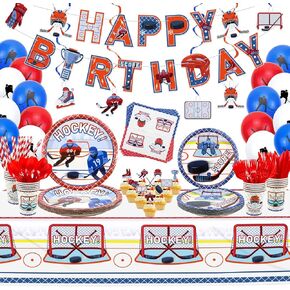 Hockey Party Supplies - Ice Hockey Birthday Party Set Including Plates, Cups, Napkins, Tableware, Tablecloth, Hanging Swirl, Balloons, Banner for Kid's Hockey Fans Birthday Gameday - Serves 20