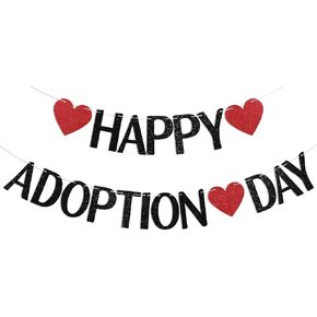 Happy Adoption Day Banner - Adoption Celebration Party Decorations, Child Adopted, Pet Adoption Celebration Decorations Black Glitter