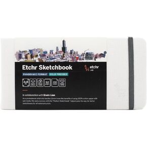 Etchr Panorama Sketchbook - Cold Press Mixed Media 100% Cotton Sketchbook - Hardcover Drawing Book - Hardcover Sketchbook 4"x8 with 52 Pages - Sketch Pad with Customizable Cover