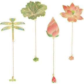4pcs Metal Bookmark with Chain,Lotus Leaf Bookmark Plant Bookmark Unique Bookmarks Teacher Christmas Gifts Birthday Gifts for Book Lovers, Writers, Readers, Children, Teens, Women, Adults