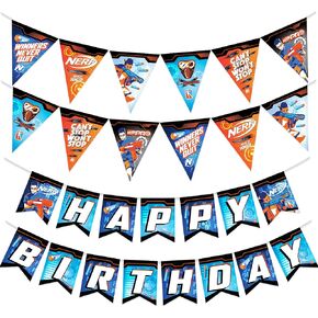 Treasures Gifted Officially Licensed Nerf Banner Set of 3 - (1) Nerf Banner & (2) Triangle Pennants Nerf Party Banners - Nerf Birthday Party Supplies - Nerf Party Supplies - Nerf Birthday Decorations