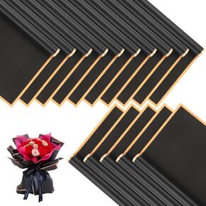 XIGUI 20 Sheets Gold Edge Gift Wrap Paper,Korean Florist Bouquet Supplies,DIY Crafts,Gift Packaging or Gift Box Packaging, Waterproof Floral Wrapping Paper 22.8 * 22.8Inch (Black Gold)