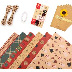 JOYCELAU Christmas Wrapping Paper Set for Men Women Kids,Kraft Christmas Gift Wrap,Snowman,（6sheets-27in.x39ft.,2 * 390in.Ropes,double faced adhesive tape,sticker,6 Gift Tags）(red)