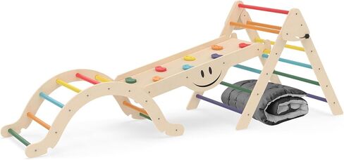 Toddler Climbing Toys, Climber Arch Rocker, Montessori Wooden Arch Climber, Kids Climbing Arch with Two-Color Soft Cushion, Indoor Outdoor Climbing Natural in Kuwait