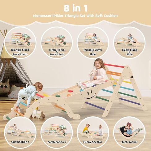 Toddler Climbing Toys, Climber Arch Rocker, Montessori Wooden Arch Climber, Kids Climbing Arch with Two-Color Soft Cushion, Indoor Outdoor Climbing Natural in Kuwait