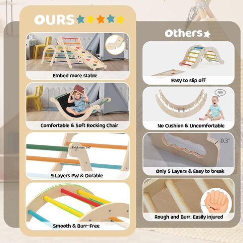 Toddler Climbing Toys, Climber Arch Rocker, Montessori Wooden Arch Climber, Kids Climbing Arch with Two-Color Soft Cushion, Indoor Outdoor Climbing Natural in Kuwait