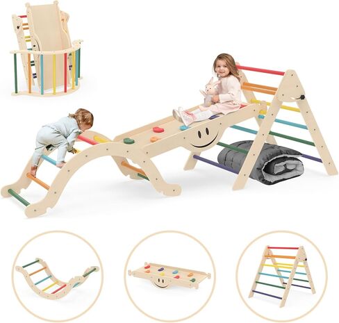 Toddler Climbing Toys, Climber Arch Rocker, Montessori Wooden Arch Climber, Kids Climbing Arch with Two-Color Soft Cushion, Indoor Outdoor Climbing Natural in Kuwait