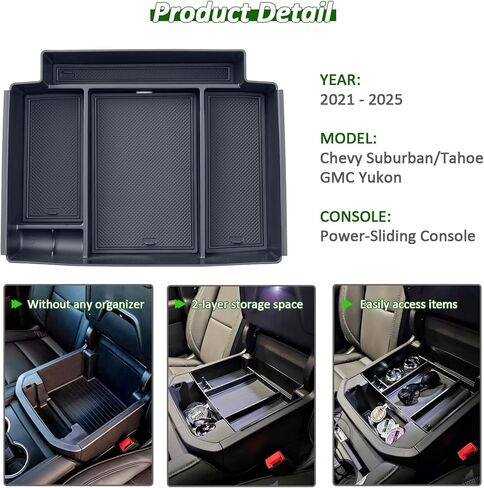TOPINSTALL Power-Sliding Console Tray Compatible with 2021-2024 Chevy Tahoe/Suburban/GMC Yukon Accessories, Match The Inside Shape of Sliding Console Perfectly, Full-Size Armrest Organizer-Black in Kuwait